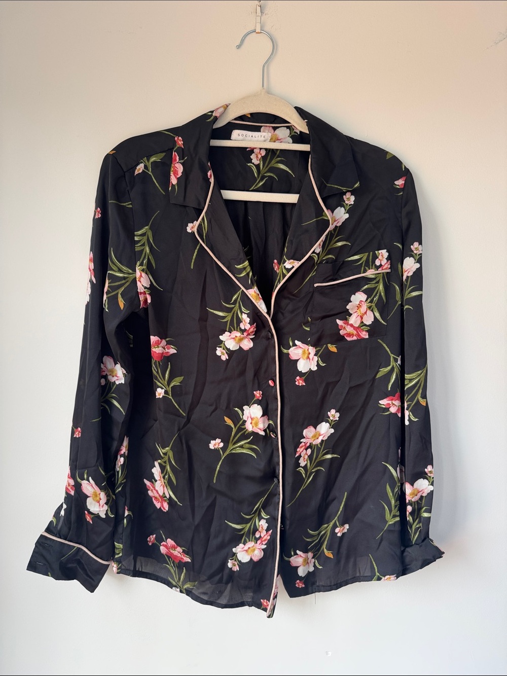 Socialite Black Floral Satin Button-Up with Pink Piping